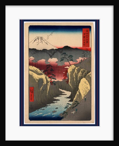 Travelers on a Mountain Pass Along a Steep Canyon and River, with Mountains and a View of Mount Fuji in the Background by Anonymous