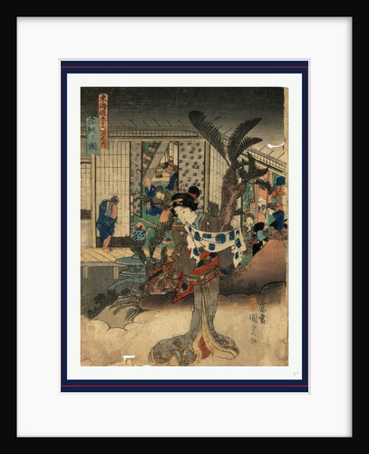 Woman Standing on a Cloud Outside an Inn Where Women Are Serving and Entertaining Men at the Akasaka Station on the Tokaido Road. by Anonymous