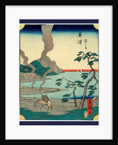 Man Leading a Horse Carrying Bundles of Reeds Along the Shore of a Bay at the Okitsu Station on the Tokaido Road with a Village in the Distance. by Anonymous