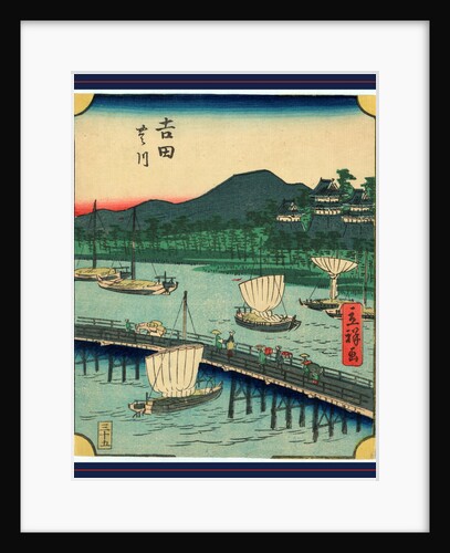 Sailboat About to Pass Beneath a Bridge on which Travelers Are Crossing a River at the Yoshida Station on the Tokaido Road, with Temple Buildings in the Background. by Anonymous