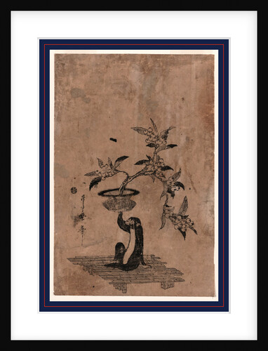 Monkey Sitting on a Bamboo Mat with Right Hand Raised, Holding a Flower Pot Containing a Loquat Plant Laden with Fruit. by Anonymous