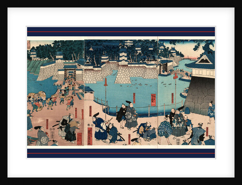 Pedestrians Bowing in Greeting to Others on Roadways Leading to a Walled City Across a River, Also Several Porters Carrying Bundles Into the City by Anonymous