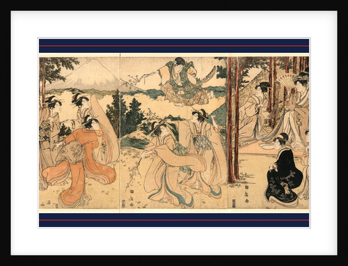 God or Warrior Appearing on a Cloud Before Several Women Gathered in a Wooded Grove on Mount Kurama with View of Mount Fuji in the Background. by Anonymous