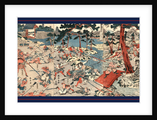 Fight Scene from the Play Igagoe Dochu Sugoroku, with Watanabe Shizuma and Araki Mataemon Fighting with Kawai Matagoro and Many Other Men Armed with Pikes or Halbreds at Iga Ueno. by Anonymous