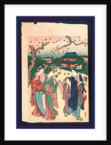 Man, Two Women, and a Young Child Viewing Cherry Blossoms at Ueno. by Anonymous