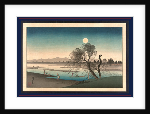 Moonlight Scene Along a River with People Fishing, in Boats, and Walking Along the Shore. by Anonymous