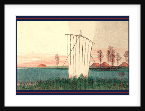 Sail on a Boat on a River with Low Buildings and Fields in the Background. by Anonymous