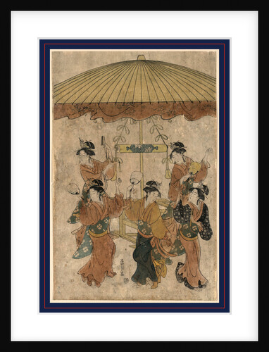 Five Women Dancing Beneath a Large Parasol During the Annual Rice Planting Ritual at the Sumiyoshi Shrine by Anonymous