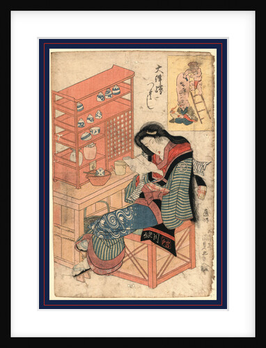 Woman Reading, Sitting in a Chair at a Cabinet Containing Tea Service Utensils, on the Wall behind Her is a Print Showing Two of the Seven Lucky Gods, Daikokuten Shaving Fukurokuju's Head. by Anonymous