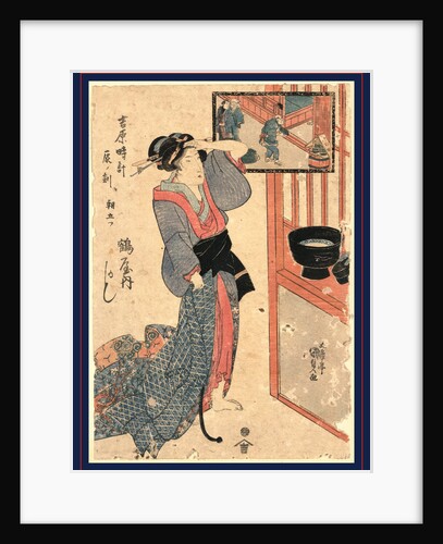 Kashiku of Tsuru-Ya, a Courtesan, Looking Into a Mirror that is Hanging in an Open Window, Reflecting Clients Arriving or Departing at the Front Gate by Anonymous
