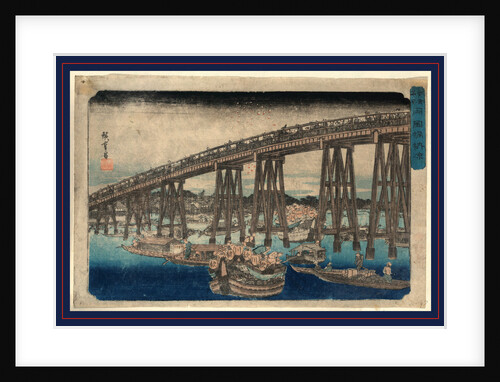 Many Pedestrians on the Ryogoku Bridge and Several Boats in the Water Beneath the Bridge, at Evening by Anonymous
