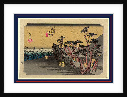 Travelers, During a Rain Storm, Passing a Small Shrine at the Entrance to the Village at the Oiso Station on the Tokaido Road by Anonymous