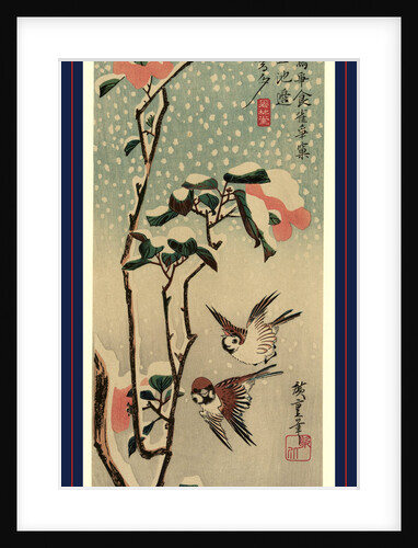 Two Sparrows Near a Camellia Branch Covered with Snow by Anonymous
