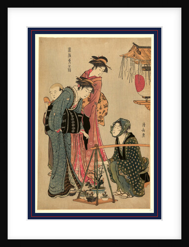 Two Women with Male Servant Looking at Bonsai Trees on the Platform of a Shoulder Pole with the Plant Seller Sitting Nearby by Anonymous