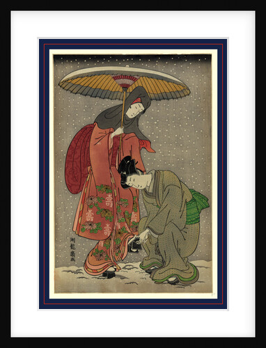 Woman Holding an Umbrella While a Female Servant Removes Snow from Her Geta. by Anonymous