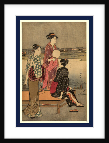 Three Women, Two Standing and One Sitting on a Bench Next to the Sumida(?) River, Enjoying the Cool Evening Air by Anonymous