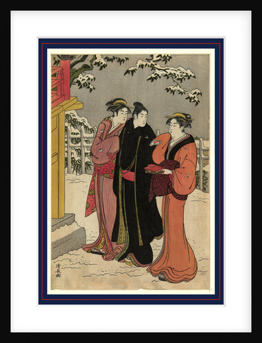 Man and Two Women Standing in the Snow Outside a Shrine, One Woman Carries an Offering by Anonymous