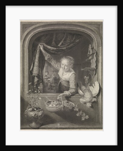 Woman with basket of fruit in her hand at the window by Henricus Wilhelmus Couwenberg