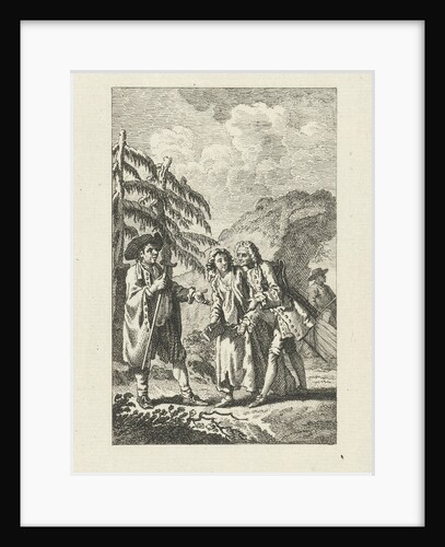 Meeting between a man and a couple in the outdoors, the man holds a stick and gestures with his hand towards the couple by Jacob Folkema