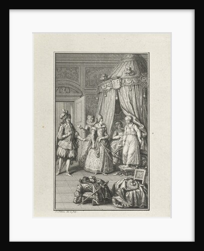 Three richly dressed figures enter a room. Lovers caught by surprise by Jacob Folkema