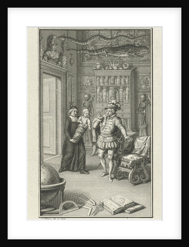 A nobleman and a cleric with a child in a cabinet of curiosities by Jacob Folkema
