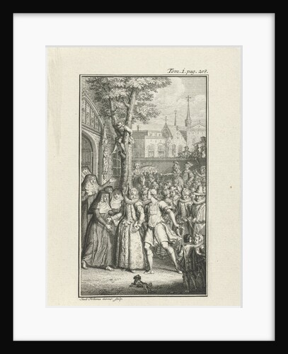 Richly dressed woman surrounded by a crowd of curious people by Jacob Folkema