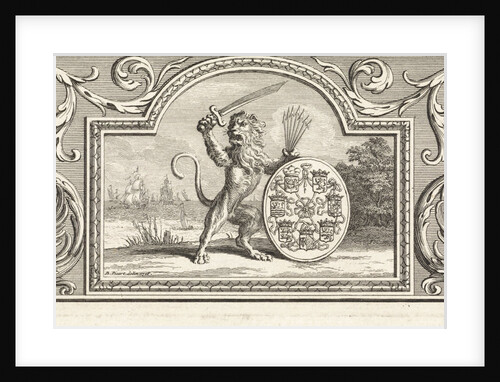 The Dutch lion holding a sword and quiver of arrows near a shield bearing the arms of the Seven Provinces by Workshop of Bernard Picart