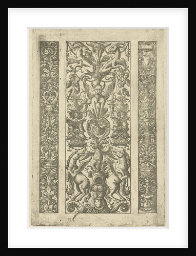 Candelabrum with vines, a candelabrum with grotesques, a rearing horse by Lambert Hopfer