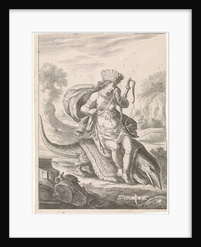 Female personification of America as a woman with headdress of feathers and bows, sitting on a caiman by Cornelis van Dalen II