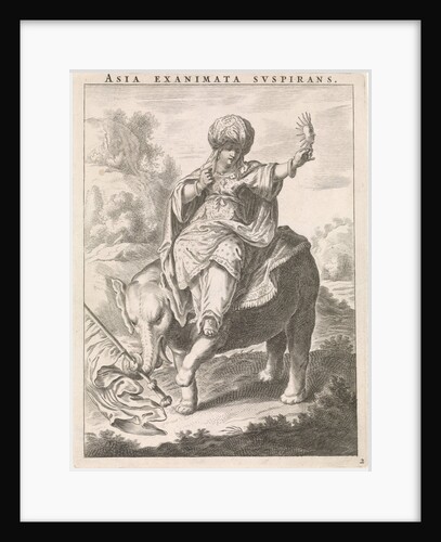 Female personification of Asia represented as a woman with turban sitting on an elephant by Cornelis van Dalen II