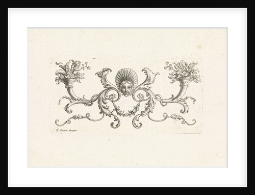 Ornament with a mascaron surrounded by foliate scrolls two horns with plants and flowers by Bernard Picart