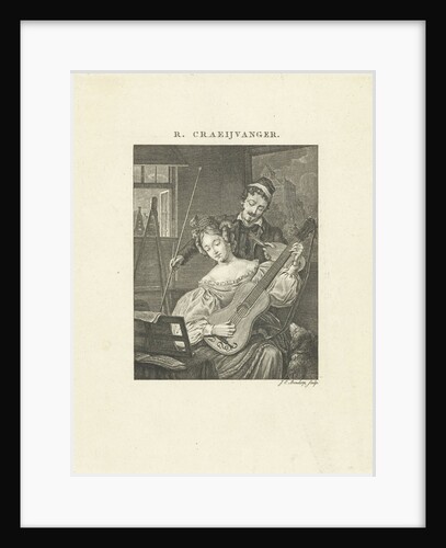 Woman plays guitar and is a model for artist by Johannes Immerzeel