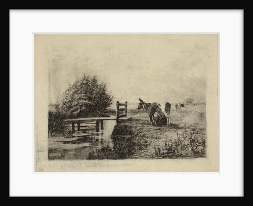 Farmer milking a cow in a pasture by Elias Stark