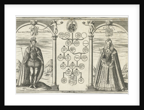 Portraits of James I, King of England and his wife Anne of Denmark standing on either side of genealogical tree by Jean le Clerc