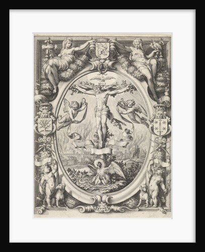 Blazon of the Chamber of Rhetoric The Pellicaen Haarlem, with the crucifixion in allegorical frame by Hendrick Goltzius