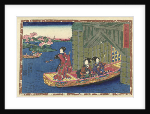 Three women in a rowing boat sailing through tunnel by Murata Heiemon