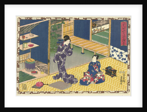 Man sitting with bowl in hand, looking at woman in purple kimono standing in closet by Murata Heiemon