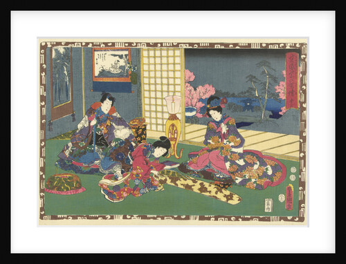 Elegantly dressed man and woman sitting on pillow, looking at woman playing the koto by Murata Heiemon
