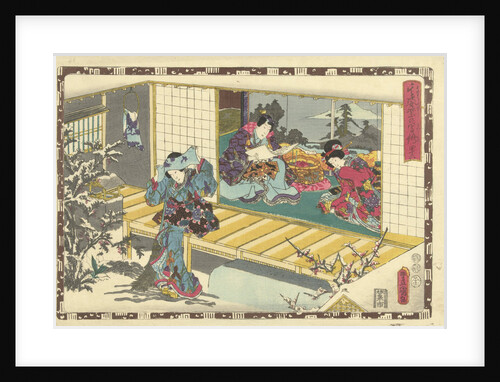 Woman with broom in snowy garden by Murata Heiemon