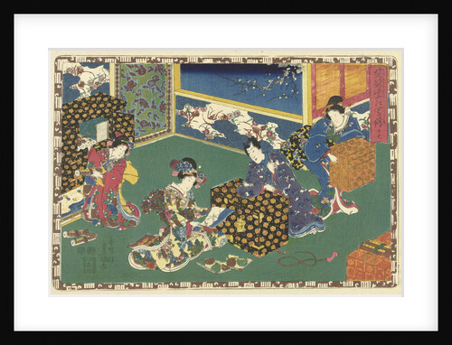 Prince Genji leaning over a low cabinet and looking at a woman with an album in her hands by Watanabe Shoemon