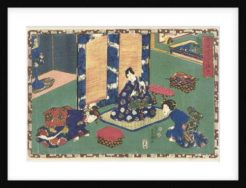 Prince Genji sitting on a rug in a room by Watanabe Shoemon