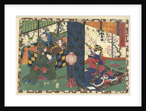 Prince Genji and man in big chest, looking at a woman sitting behind folding screen by Murata Heiemon