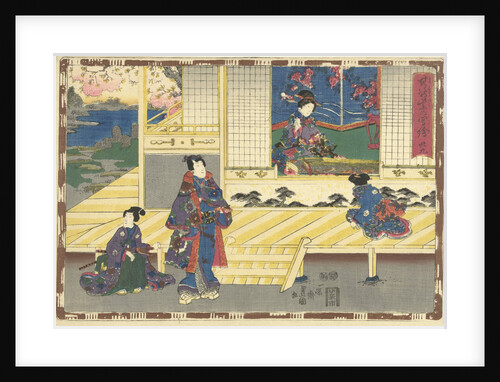 Elegantly dressed man standing on porch, looking at woman sitting in room with koto by Murata Heiemon