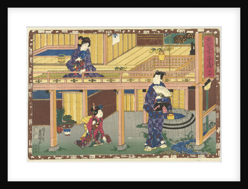 Prince Genji with fan standing at a well, looking at a woman sitting on veranda of first floor by Murata Heiemon