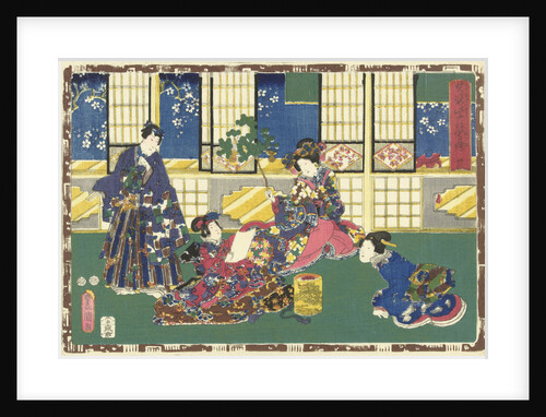 Prince Genji, an elegantly dressed woman and a maid by Murata Heiemon