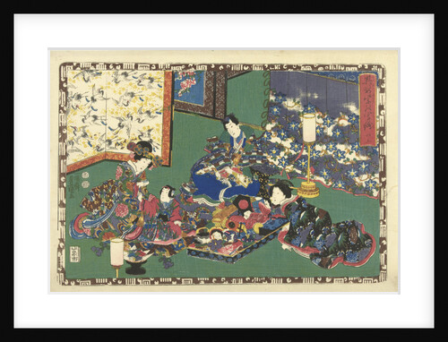 Prince Genji, two women and a girl sitting around large container with toys; in room with folding screen which cranes by Watanabe Shoemon