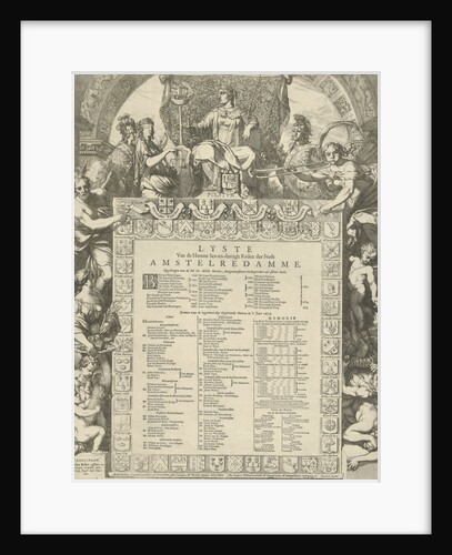 Allegory of the board of the city of Amsterdam with the name list and coat of arms of government members by Jacobus Robijn
