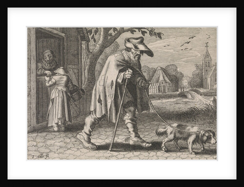 Blind man led by a dog, woman before the door of her house, she buys something from a market stall by Johann Gelle