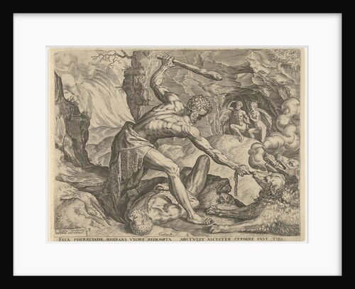 Hercules drags Cerberus from Hell by Julius Goltzius Cornelis Cort