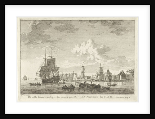 View of Rotterdam from the water, to the right is the new main gate flanked by two stone mills, a three-master by Gerrit Groenewegen